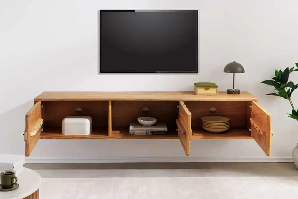Riess-Ambiente Mehr...|Retro Möbel > Hängendes TV-Board MYSTIC LIVING 160cm Akazie natur 3D Oberfläche Massivholz