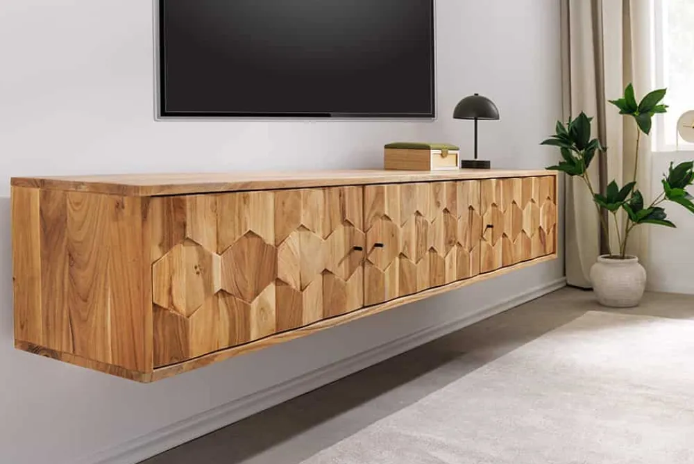 Riess-Ambiente Mehr...|Retro Möbel > Hängendes TV-Board MYSTIC LIVING 160cm Akazie natur 3D Oberfläche Massivholz