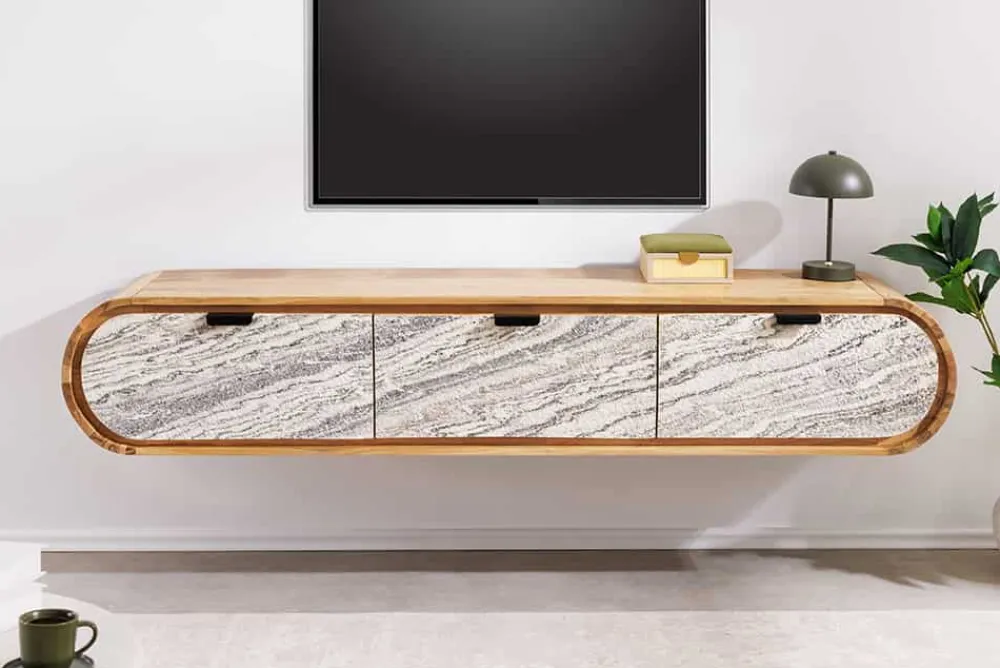 Riess-Ambiente Tv- & Lowboards|Mehr... > Hängendes TV-Board ORGANIC 160cm natur Akazie schwarz weiß Steinfurnier Schubladen