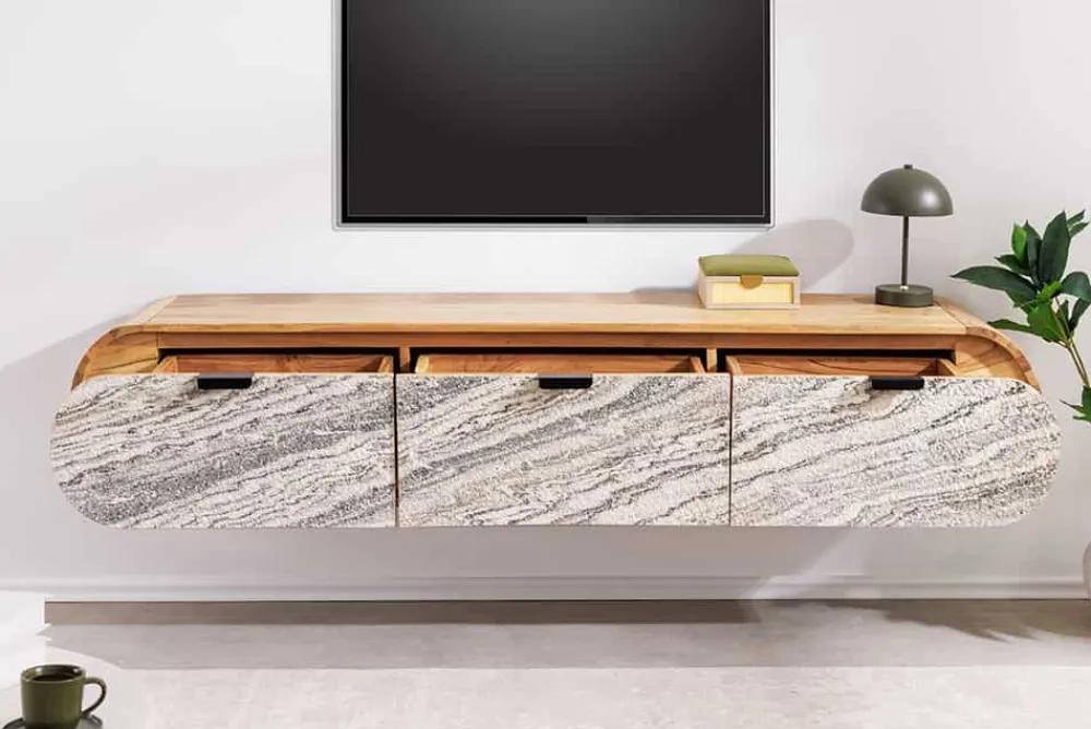 Riess-Ambiente Tv- & Lowboards|Mehr... > Hängendes TV-Board ORGANIC 160cm natur Akazie schwarz weiß Steinfurnier Schubladen