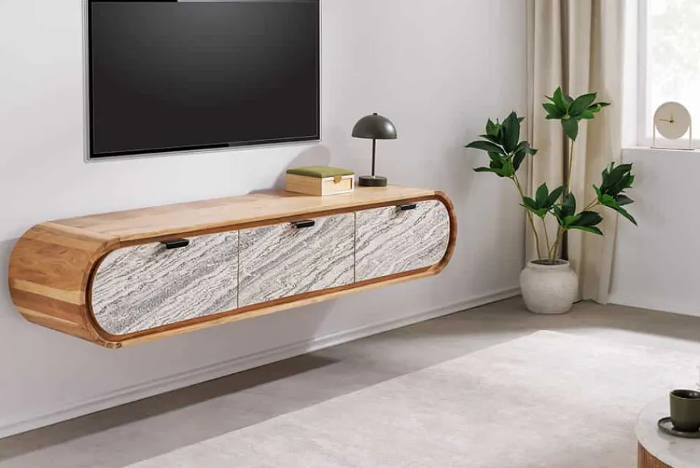 Riess-Ambiente Tv- & Lowboards|Mehr... > Hängendes TV-Board ORGANIC 160cm natur Akazie schwarz weiß Steinfurnier Schubladen