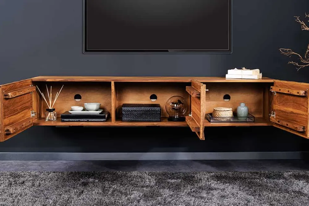 Riess-Ambiente Tv- & Lowboards|Mehr... > Hängendes TV-Lowboard ALPINE 160cm braun Sheesham Massivholz stone finish Metall gold