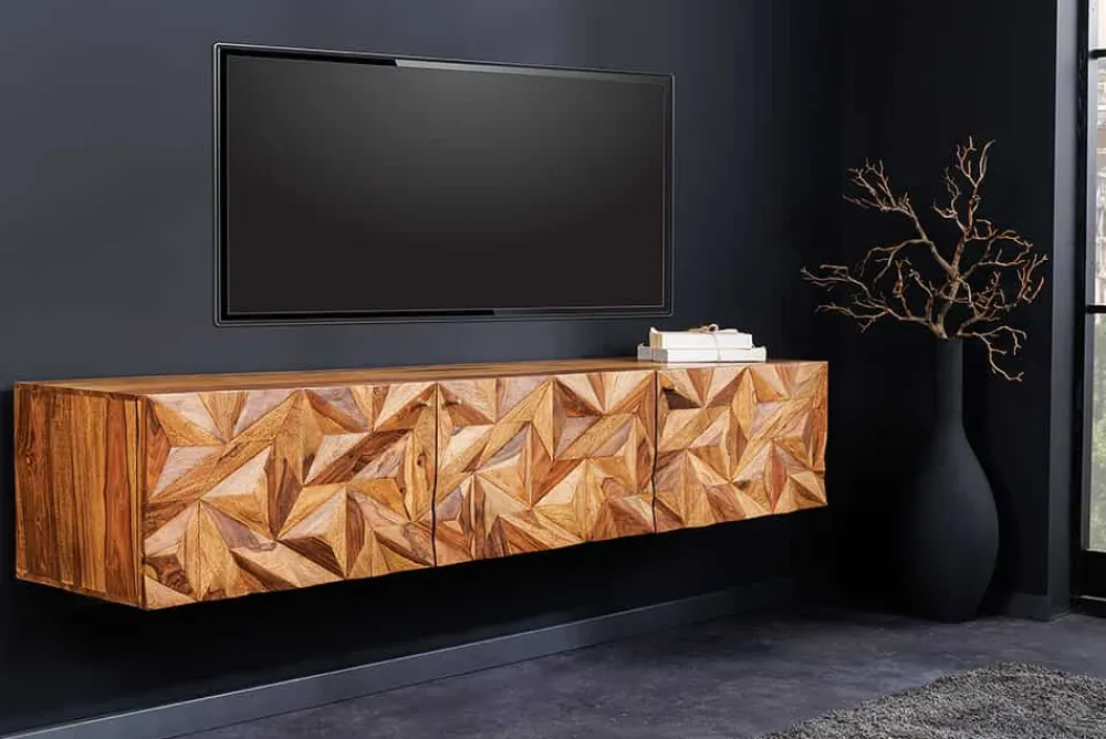 Riess-Ambiente Tv- & Lowboards|Mehr... > Hängendes TV-Lowboard ALPINE 160cm braun Sheesham Massivholz stone finish Metall gold