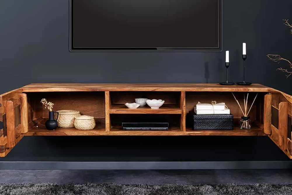 Riess-Ambiente Tv- & Lowboards|Industrial Loft > Hängendes TV-Lowboard AMAZONAS 160cm braun Sheesham Massivholz Baumkante Metall schwarz