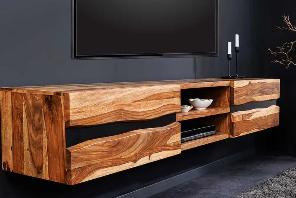 Riess-Ambiente Tv- & Lowboards|Industrial Loft > Hängendes TV-Lowboard AMAZONAS 160cm braun Sheesham Massivholz Baumkante Metall schwarz