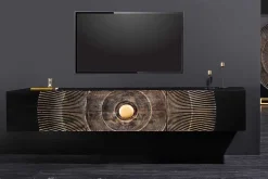 Riess-Ambiente Goldene Möbel|Tv- & Lowboards > Hängendes TV-Lowboard GOLDEN SUNSET 160cm Mangoholz schwarz mit 3D Schnitzereien gold handmade