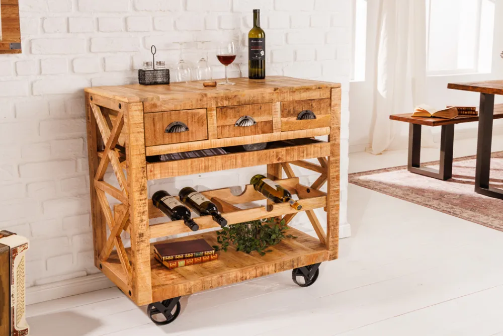 Riess-Ambiente Industrial Loft|Weinregale > Industrial Barschrank BODEGA 86cm Mangoholz Servierwagen mit Weinregal