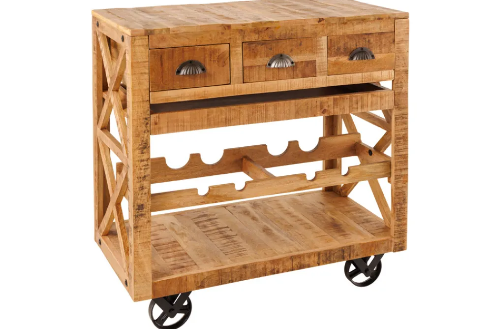 Riess-Ambiente Industrial Loft|Weinregale > Industrial Barschrank BODEGA 86cm Mangoholz Servierwagen mit Weinregal