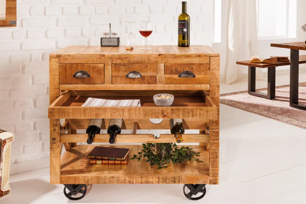 Riess-Ambiente Industrial Loft|Weinregale > Industrial Barschrank BODEGA 86cm Mangoholz Servierwagen mit Weinregal