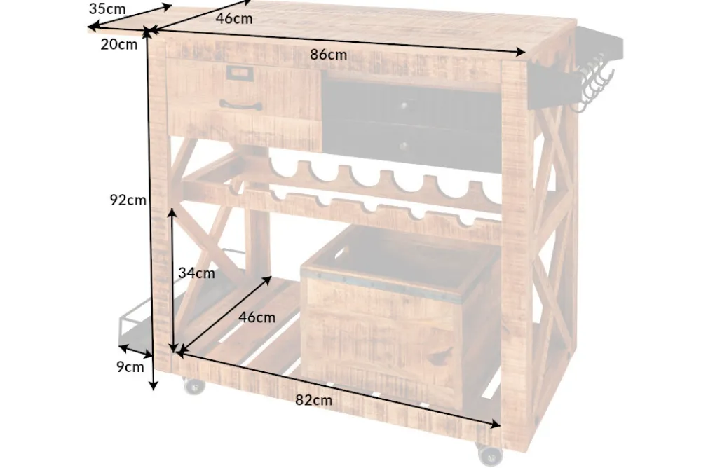 Riess-Ambiente Industrial Loft|Weinregale > Industrial Barschrank BODEGA 86cm Mangoholz Servierwagen mit Weinregal und Aufhängung