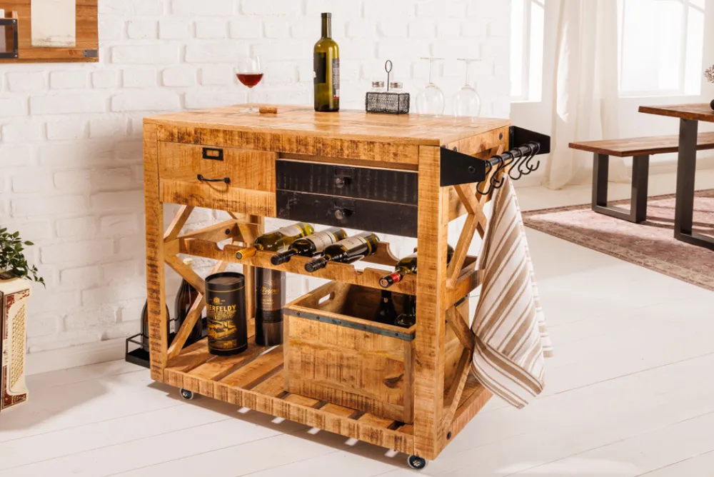 Riess-Ambiente Industrial Loft|Weinregale > Industrial Barschrank BODEGA 86cm Mangoholz Servierwagen mit Weinregal und Aufhängung
