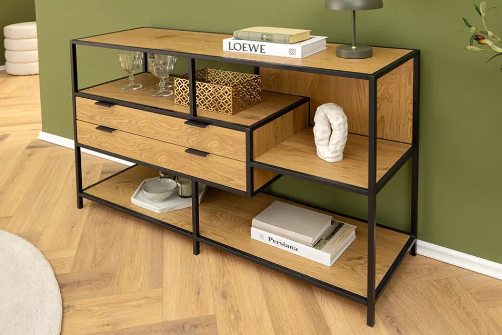 Riess-Ambiente Industrial Loft|Standregale > Industrial Bücherregal SLIM LINE 115cm Wildeiche schwarz Metall mit Schubladen