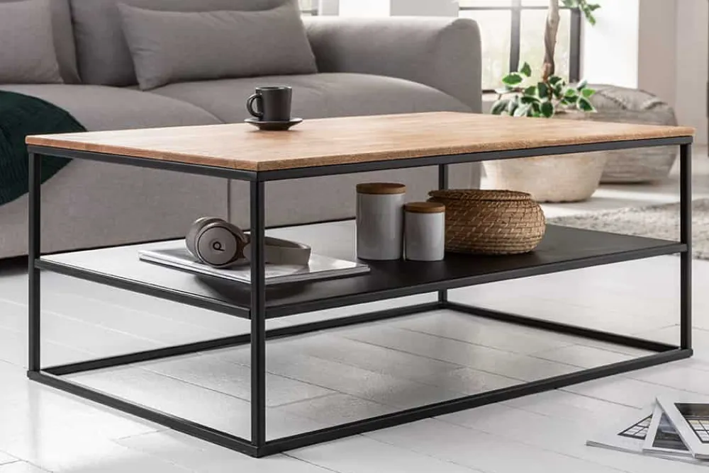 Riess-Ambiente Mehr...|Industrial Loft > Industrial Couchtisch APARTMENT 95cm Massivholz Eiche geölt mit Ablage Metallgestell schwarz