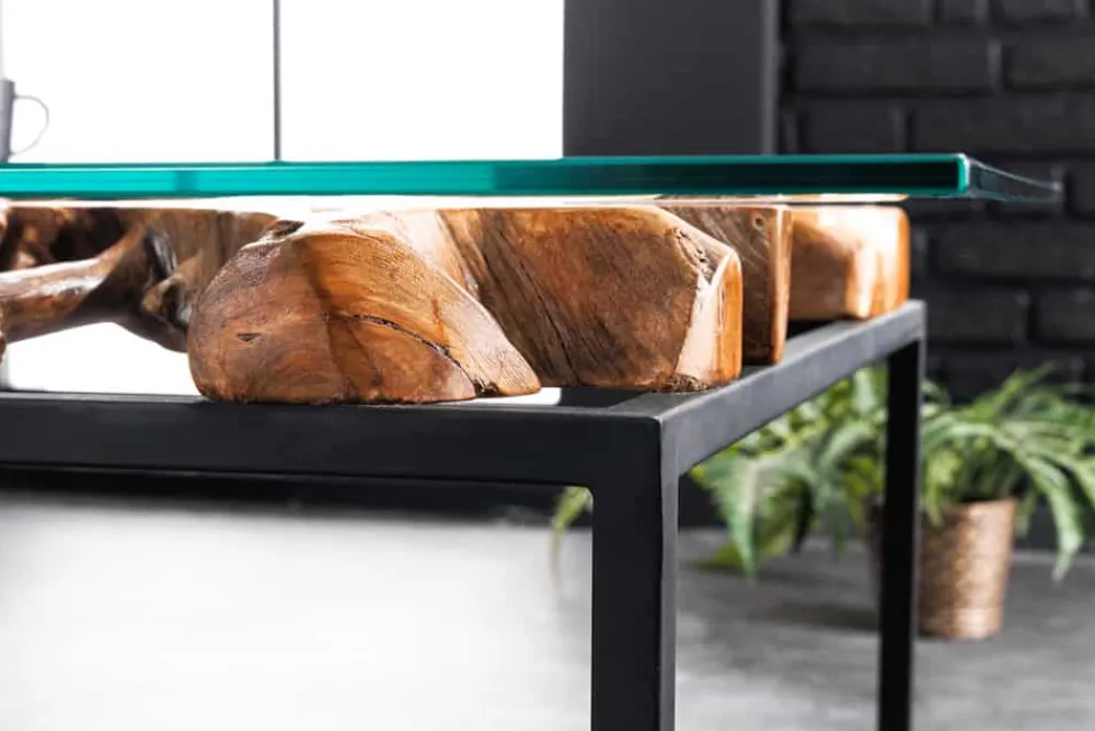 Riess-Ambiente Mehr...|Couchtische > Industrial Couchtisch TEAK ROOT 70cm braun Teakholz Metall Glastisch handmade