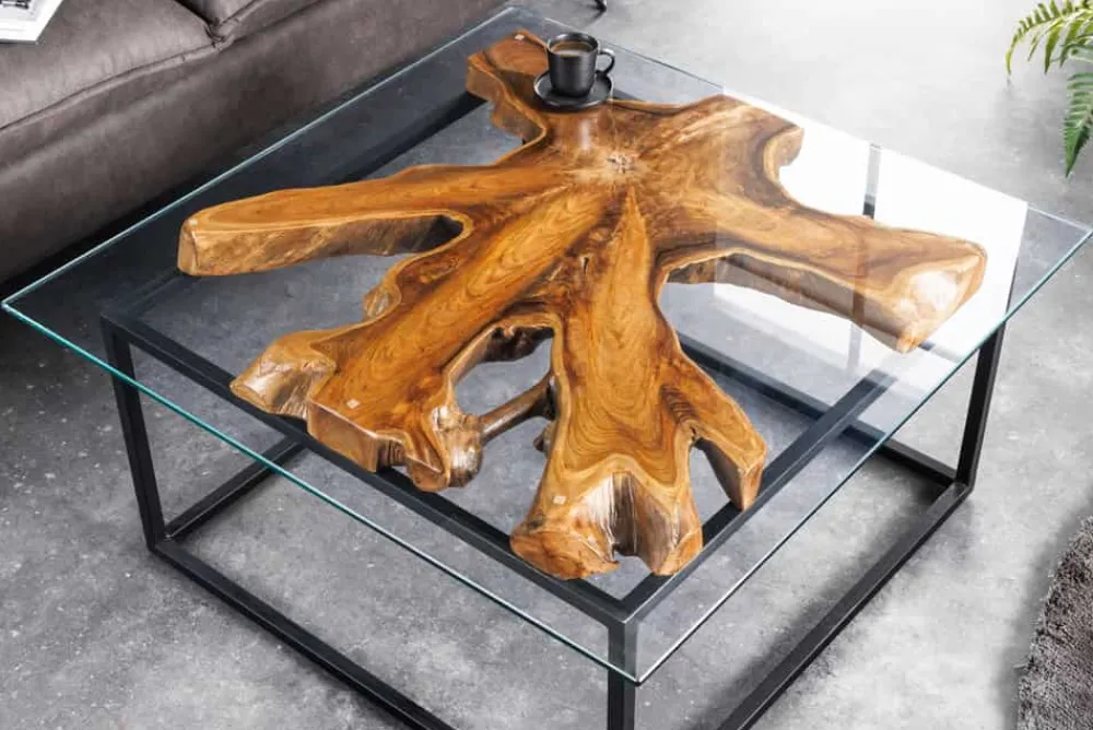 Riess-Ambiente Mehr...|Couchtische > Industrial Couchtisch TEAK ROOT 70cm braun Teakholz Metall Glastisch handmade