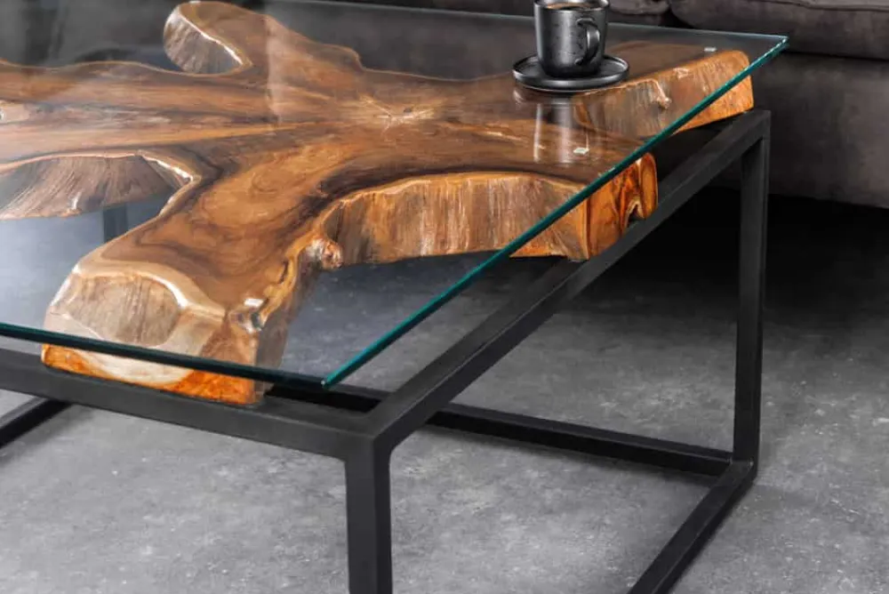 Riess-Ambiente Mehr...|Couchtische > Industrial Couchtisch TEAK ROOT 70cm braun Teakholz Metall Glastisch handmade