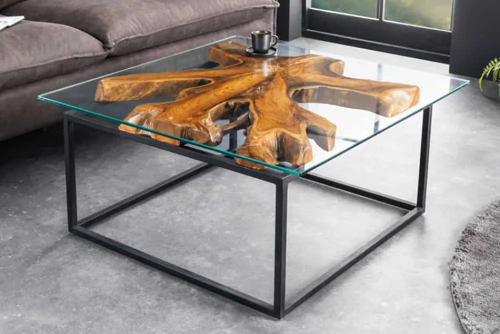 Riess-Ambiente Mehr...|Couchtische > Industrial Couchtisch TEAK ROOT 70cm braun Teakholz Metall Glastisch handmade