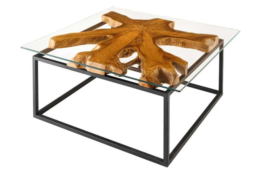 Riess-Ambiente Mehr...|Couchtische > Industrial Couchtisch TEAK ROOT 70cm braun Teakholz Metall Glastisch handmade