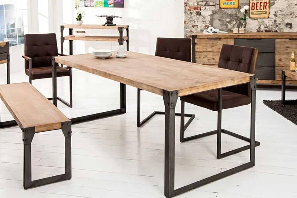 Riess-Ambiente Mehr...|Massivholzesstische > Industrial Design Esstisch FACTORY 160cm Akazie teak-grau weiß gekälkt Metallbeine Kufe