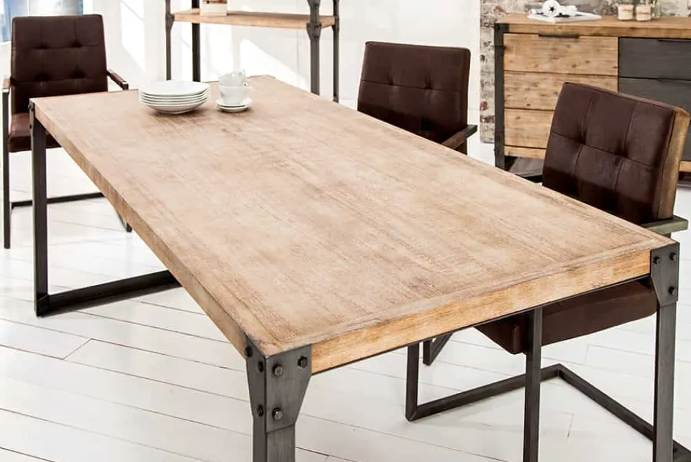 Riess-Ambiente Mehr...|Massivholzesstische > Industrial Design Esstisch FACTORY 160cm Akazie teak-grau weiß gekälkt Metallbeine Kufe