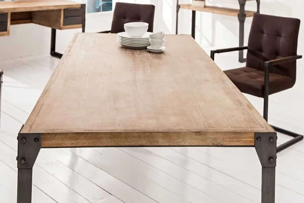 Riess-Ambiente Mehr...|Massivholzesstische > Industrial Design Esstisch FACTORY 200cm Akazie teak-grau weiß gekälkt Metallbeine Kufe