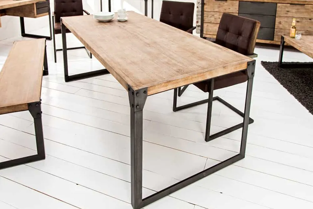Riess-Ambiente Mehr...|Massivholzesstische > Industrial Design Esstisch FACTORY 200cm Akazie teak-grau weiß gekälkt Metallbeine Kufe