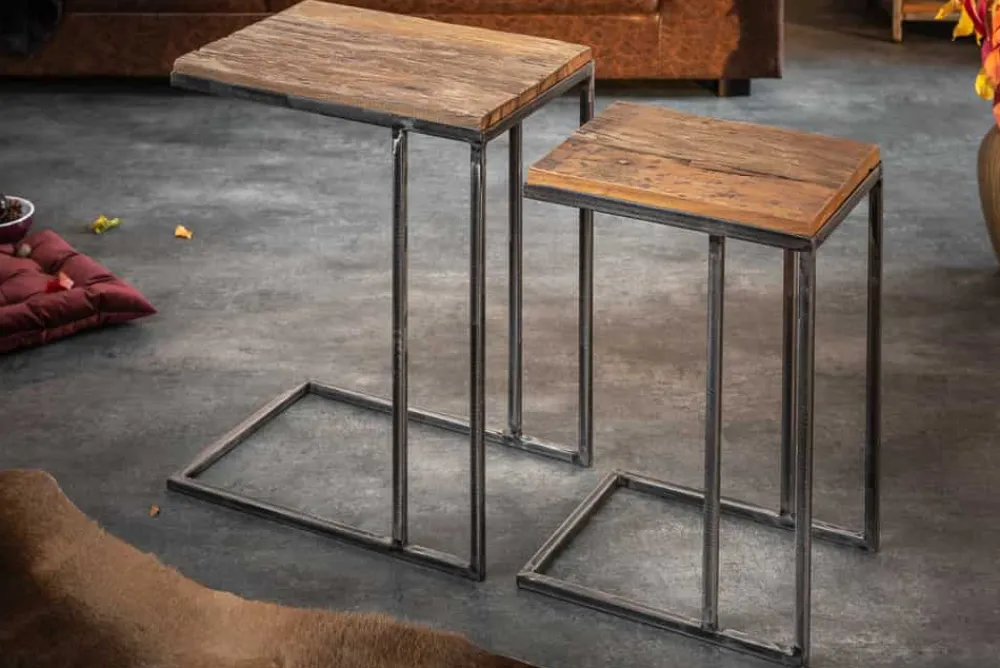 Riess-Ambiente Mehr...|Massivholztische > Industrial 2er Set Beistelltische BARRACUDA 45cm Salholz Massivholz geflextes Metallgestell