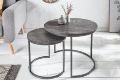 Riess-Ambiente Mehr...|Couchtische > Industrial 2er Set Beistelltische ELEMENTS 60cm grau Mangoholz massiv rund schwarz Metall