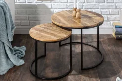 Riess-Ambiente Mehr...|Couchtische > Industrial 2er Set Beistelltische ELEMENTS 60cm Mangoholz massiv rund schwarzes Metallgestell