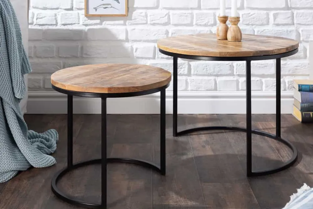 Riess-Ambiente Mehr...|Couchtische > Industrial 2er Set Beistelltische ELEMENTS 60cm Mangoholz massiv rund schwarzes Metallgestell