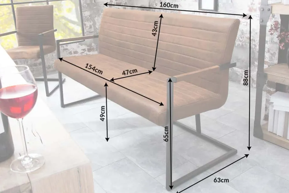 Riess-Ambiente Industrial Loft|Sitzbänke > Industrial Freischwinger Bank LOFT 160cm vintage braun mit Armlehne