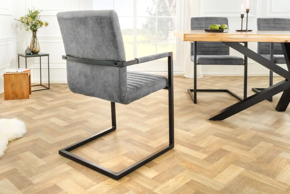 Riess-Ambiente Freischwinger|Industrial Loft > Industrial Freischwinger Stuhl LOFT vintage grau Microfaser mit Armlehne Eisengestell