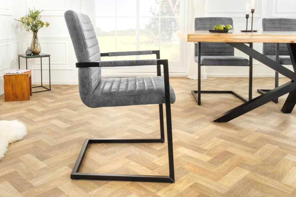 Riess-Ambiente Freischwinger|Industrial Loft > Industrial Freischwinger Stuhl LOFT vintage grau Microfaser mit Armlehne Eisengestell