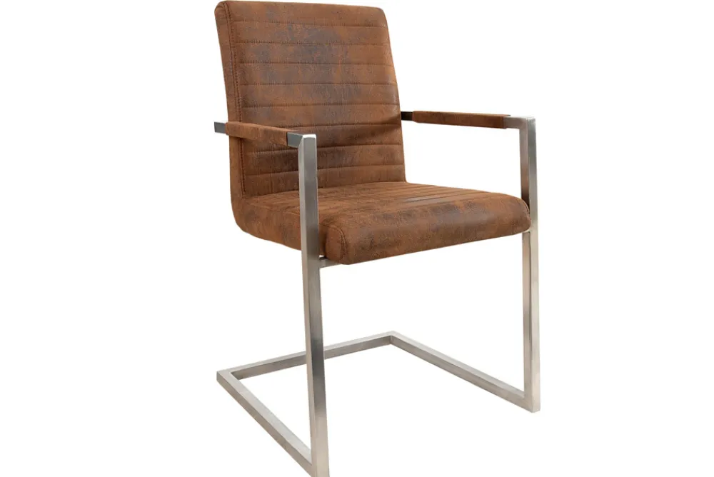 Riess-Ambiente Freischwinger|Industrial Loft > Industrial Freischwinger Stuhl LOFT vintage braun Microfaser mit Armlehne Edelstahl