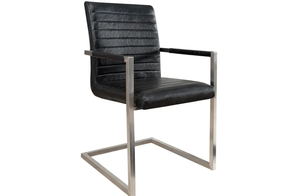 Riess-Ambiente Freischwinger|Industrial Loft > Industrial Freischwinger Stuhl LOFT antik schwarz Kunstleder mit Armlehne Edelstahl