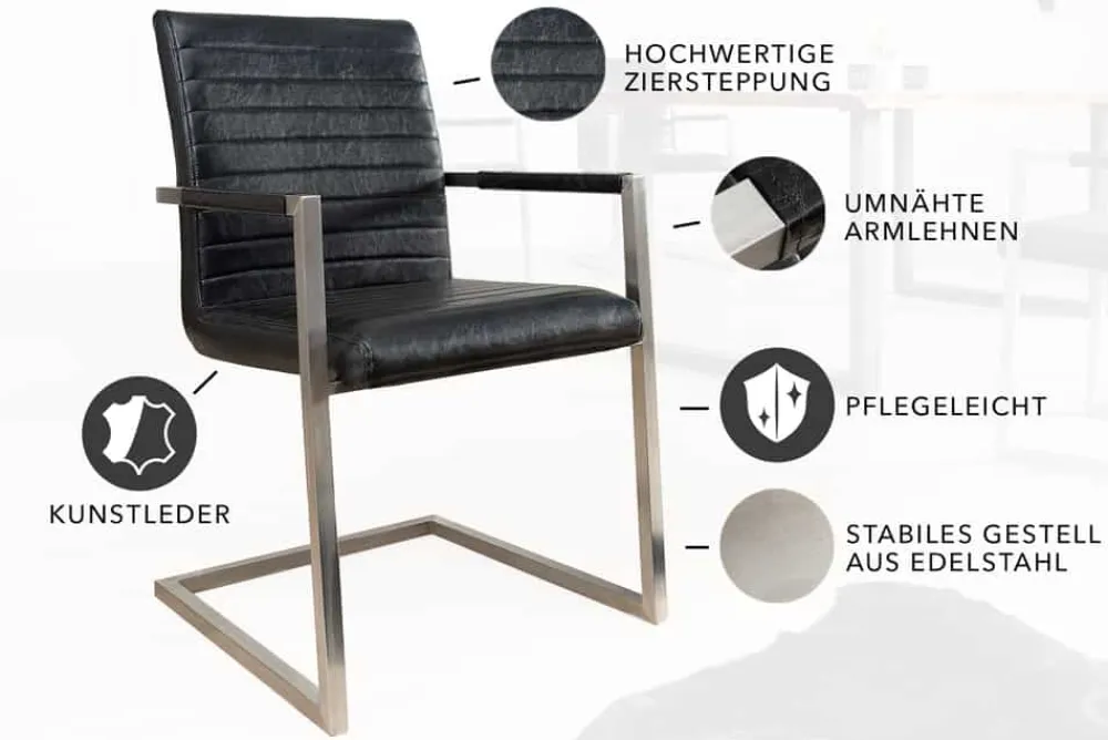 Riess-Ambiente Freischwinger|Industrial Loft > Industrial Freischwinger Stuhl LOFT antik schwarz Kunstleder mit Armlehne Edelstahl