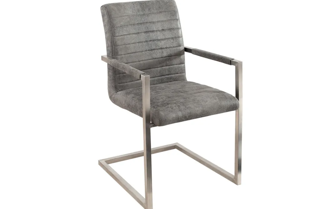 Riess-Ambiente Freischwinger|Industrial Loft > Industrial Freischwinger Stuhl LOFT vintage grau Microfaser mit Armlehne Edelstahl
