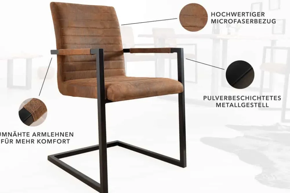 Riess-Ambiente Freischwinger|Industrial Loft > Industrial Freischwinger Stuhl LOFT vintage braun Microfaser mit Armlehne Eisengestell