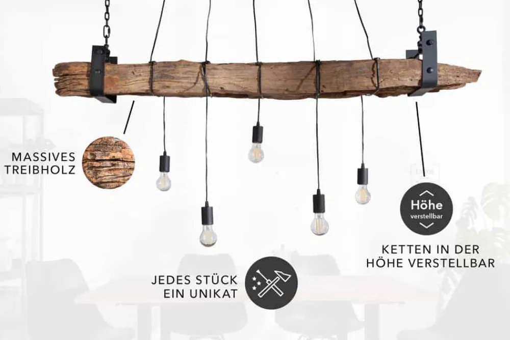 Riess-Ambiente Mehr...|Mehr... > Industrial Hängelampe BARRACUDA 152cm recyceltes Massivholz mit 5 Leuchten