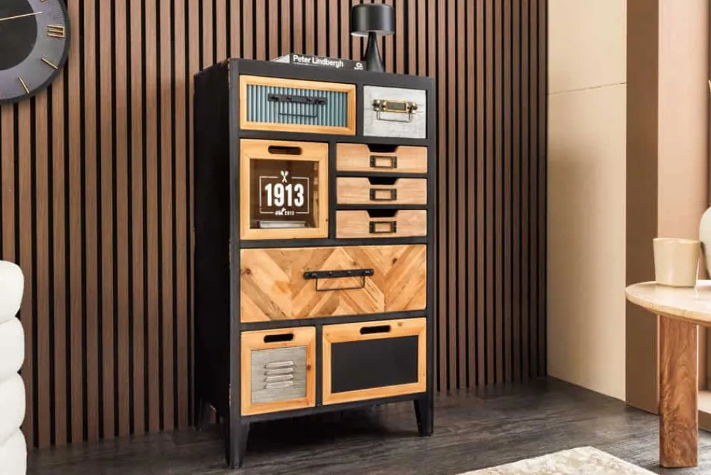 Riess-Ambiente Industrial Loft|Sideboards & Kommoden > Industrial Schubladenschrank SECRETS 95cm natur braun schwarz Metall Pinienholz Kommode