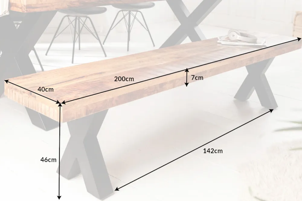 Riess-Ambiente Mehr...|Industrial Loft > Industrial Sitzbank IRON CRAFT 200cm Mangoholz mit schwarzen X-Beinen