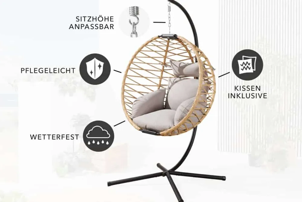 Riess-Ambiente Haus & Garten|Sessel > In- und Outdoor Hängesessel IBIZA natur beige Rattan mit Gestell wetterfest inkl. Kissen