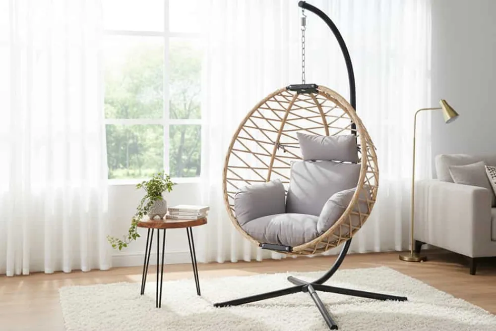 Riess-Ambiente Haus & Garten|Sessel > In- und Outdoor Hängesessel IBIZA natur beige Rattan mit Gestell wetterfest inkl. Kissen