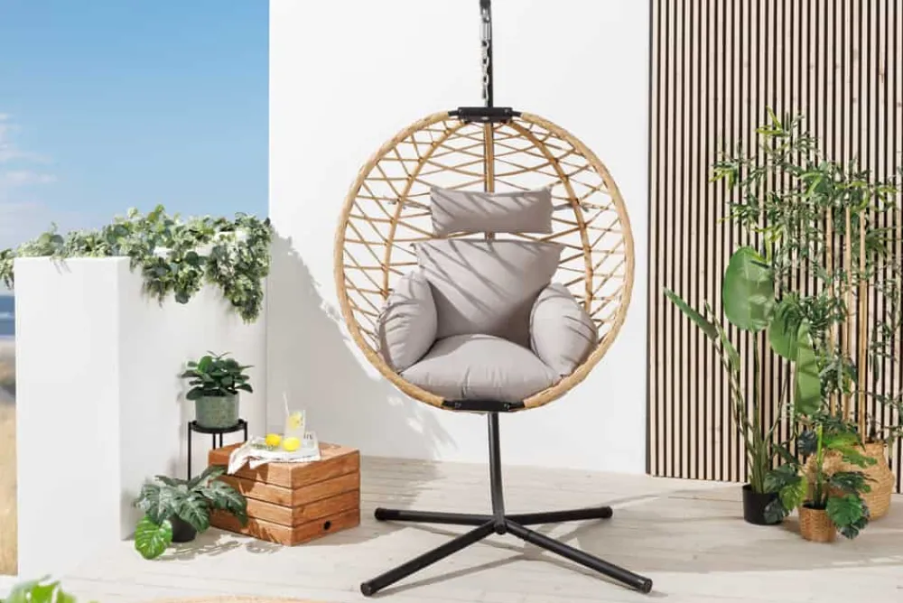 Riess-Ambiente Haus & Garten|Sessel > In- und Outdoor Hängesessel IBIZA natur beige Rattan mit Gestell wetterfest inkl. Kissen