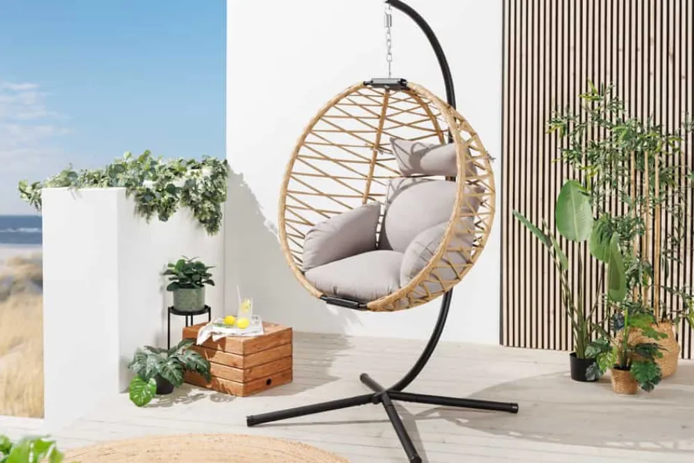 Riess-Ambiente Haus & Garten|Sessel > In- und Outdoor Hängesessel IBIZA natur beige Rattan mit Gestell wetterfest inkl. Kissen