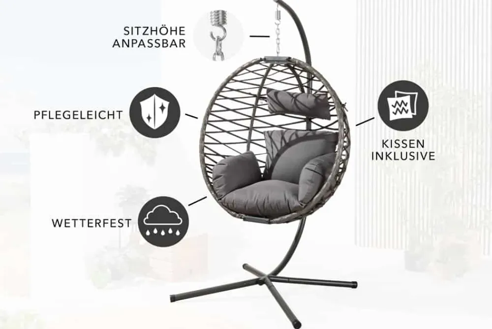 Riess-Ambiente Haus & Garten|Sessel > In- und Outdoor Hängesessel IBIZA anthrazit Rattan mit Gestell wetterfest inkl. Kissen