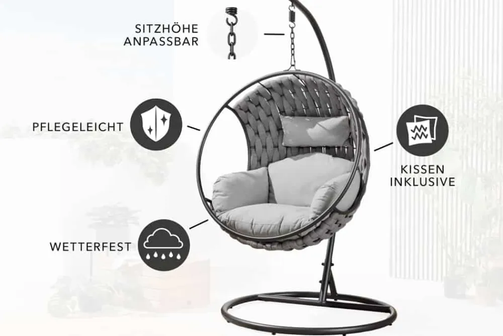 Riess-Ambiente Haus & Garten|Sessel > In- und Outdoor Hängesessel ROPE anthrazit grau mit Gestell wetterfest inkl. Kissen