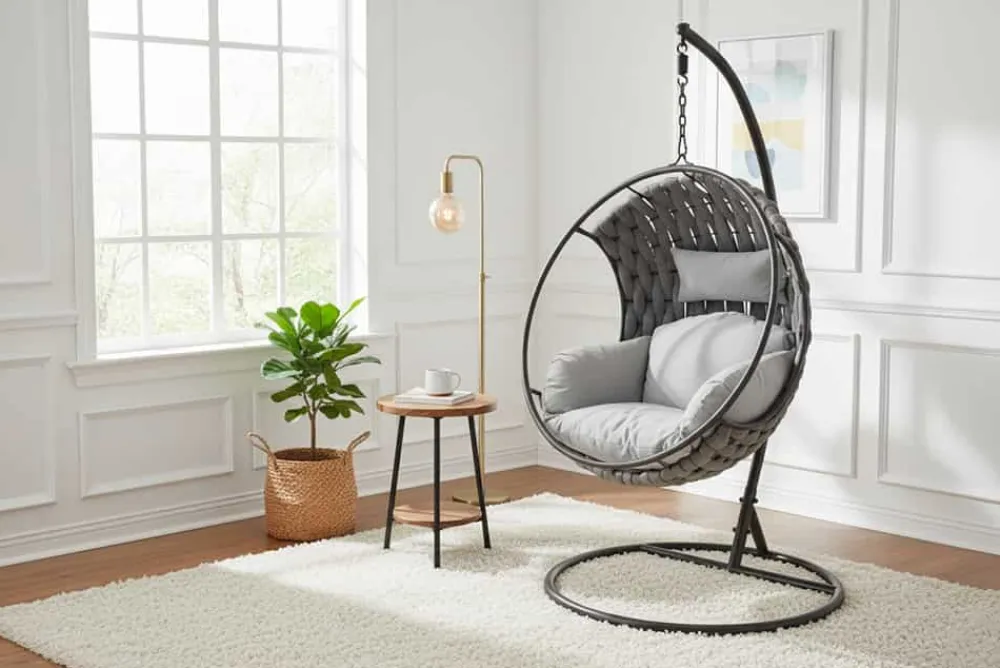 Riess-Ambiente Haus & Garten|Sessel > In- und Outdoor Hängesessel ROPE anthrazit grau mit Gestell wetterfest inkl. Kissen