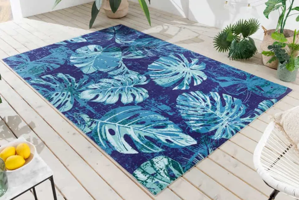 Riess-Ambiente Outdoor Teppiche|Teppiche > In- und Outdoor Teppich LEAF 180x120cm blau grün Blatt-Design Läufer wetterfest