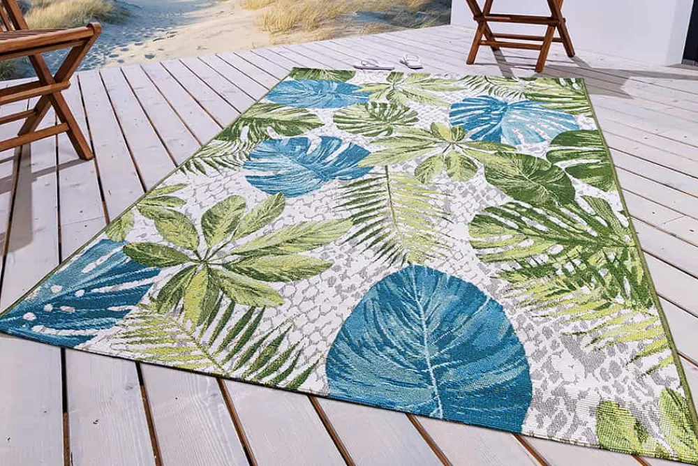 Riess-Ambiente Outdoor Teppiche|Teppiche > In- und Outdoor Teppich LEAF 235x160cm türkis grün weiß Blätter florales Design wetterfest
